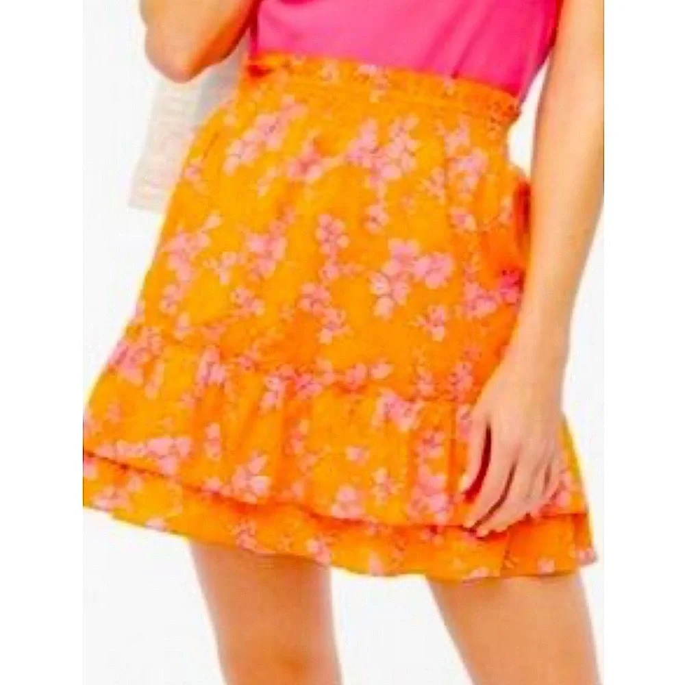 J Crew Ruffle Smocked Waist Mini Skirt‎ Sleeveless Button Up Blouse Set S Orange - Picture 2 of 16